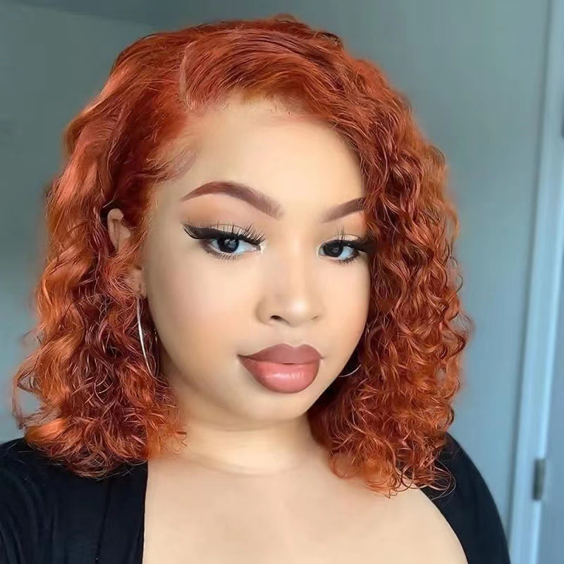 African Women's Wig Short Curling Mechanism Front Lace Orange Partial Small Roll Wig Cover Factory in Stock