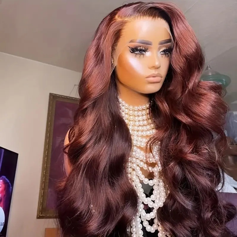 Cross border hot selling red brown big wave front lace wig full head set for European and American women, 13 * 4 lace wig