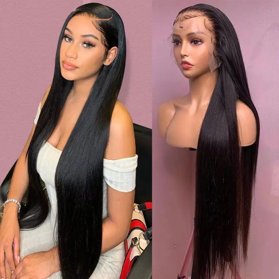 Amazon hot selling 13 * 4 front lace long straight hair wig head cover human hair wig in stock, one piece hair replacement