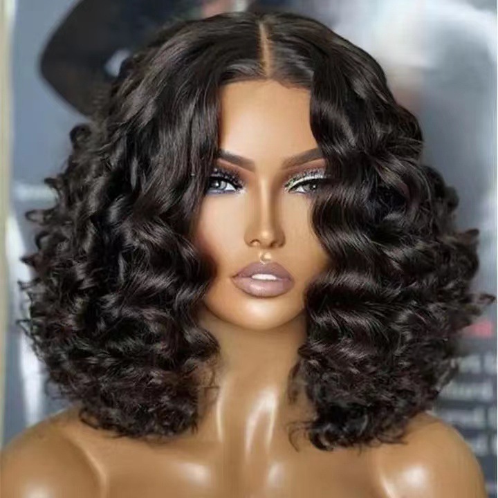 Amazon European and American Women's Wig High Temperature Silk Fiber Full Top Headset Short Curly Hair Small Wave Wig Wholesale