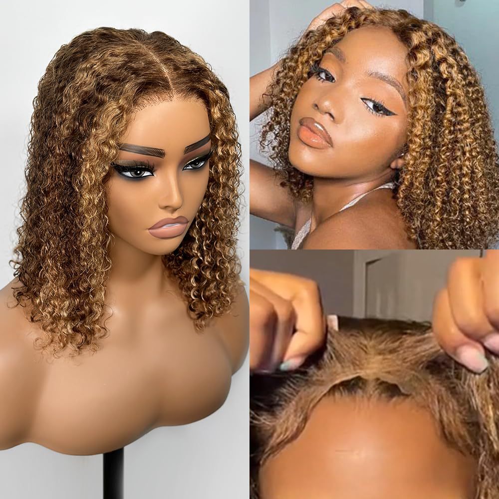 Amazon's new wig, European and American women's front lace wig, piano color, medium split short curly hair, African small roll