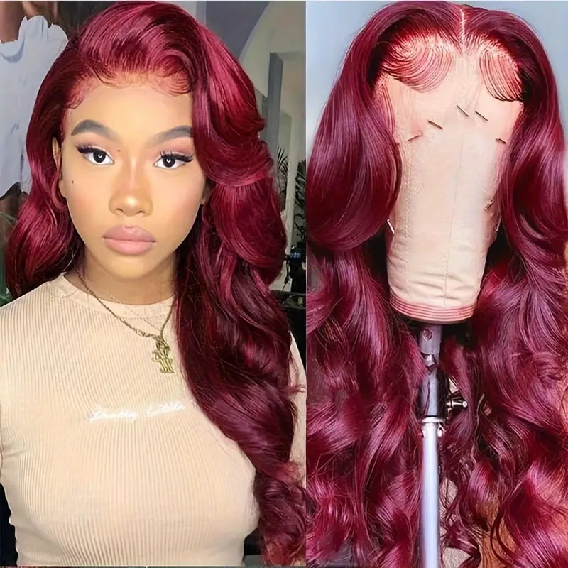 Cross border European and American fashion wine red wig hot selling front lace big wave long curly hair wig full head cover Cross border European and American fashion wine red wig hot selling front lace big wave long curly hair wig full head cover