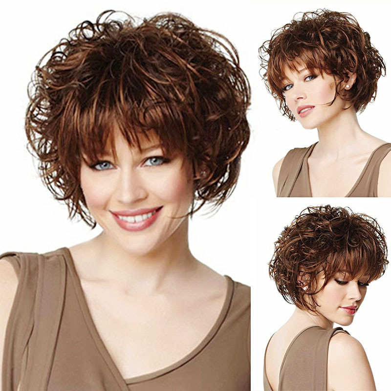 Cross border new product manufacturer directly sells European and American fashionable fluffy short curly hair, dark brown synthetic hair cover, women's wig