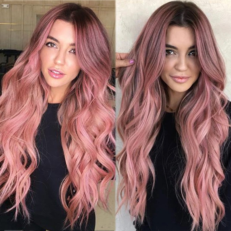 Amazon's new European and American wig for women, gradient pink long curly hair, synthetic wig, full head cover manufacturer wholesale