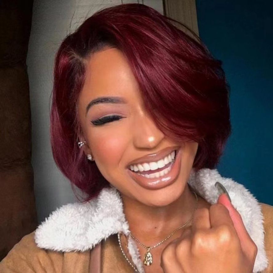 African new short curly hair wig, European and American women's wig, wine red free split bobo head full set in stock