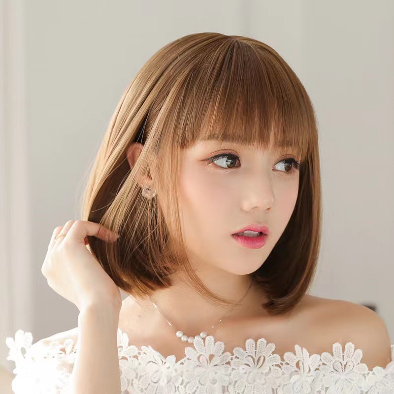 Cross border new product, women's curly hair, short straight hair, bob hair, air bangs, brown bob hair, wig factory wholesale