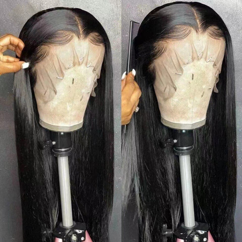 European and American long straight hair foreign trade, European and American African wig, women's black, medium cut bangs, long straight hair wig, headband manufacturer