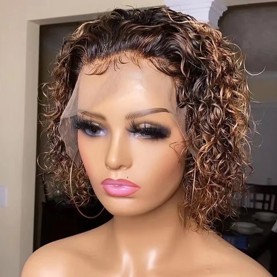 Front lace short curly hair Amazon hot selling European and American gold gradient short curly hair lace wig set in stock for hair replacement