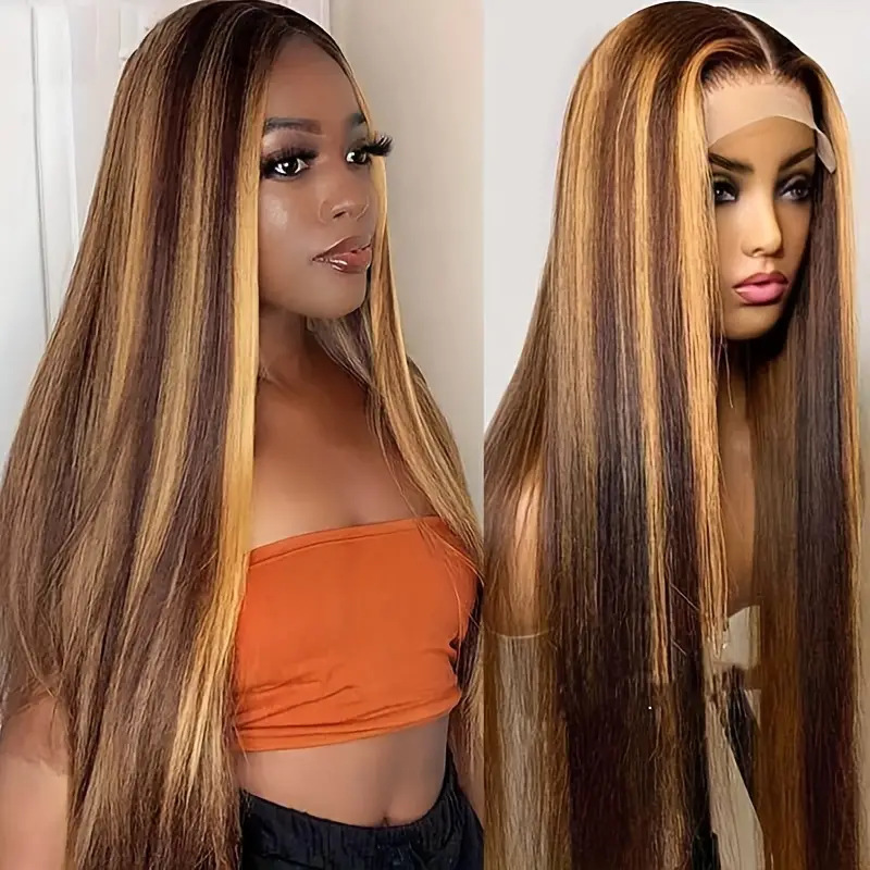 2025 Cross border New Women's Middle School Piano Color Long Straight Hair Wig Front Lace Wig Full Headset Fashionable and Natural