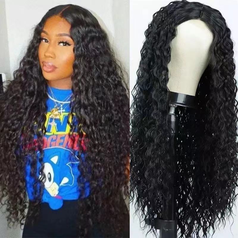 European and American Annual New Wig Women's Medium Black Long Curled Hair Corn perm African Small Curly Hair Fiber Headset Women