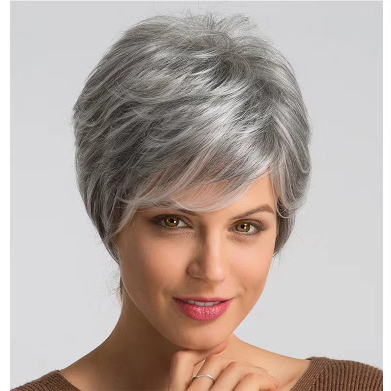 European and American wig female grandmother gray middle-aged fashionable short curly hair full head set wig factory in stock, one piece hair replacement