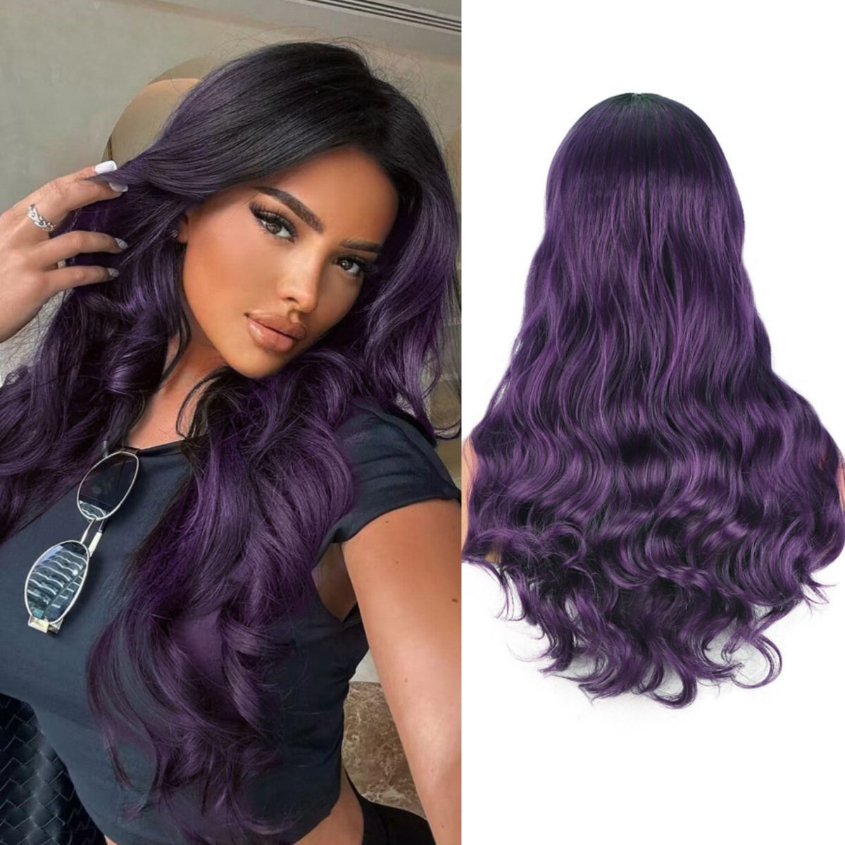European and American wig gradient purple long curly wig Synthetic Wig mid split big wave wig headband