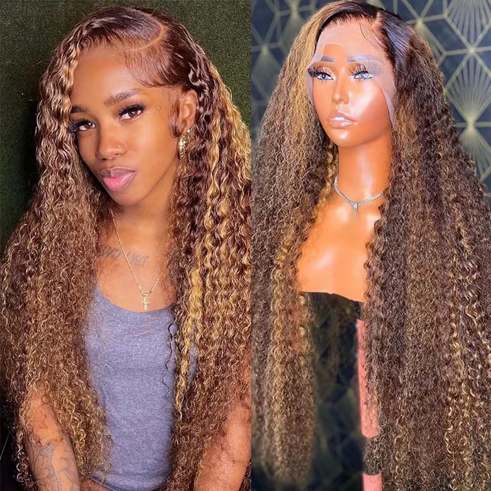 Front lace African small curly hair wrapped in a tube, long curly hair with wavy curls, synthetic headband, gradient light brown high-temperature silk wig