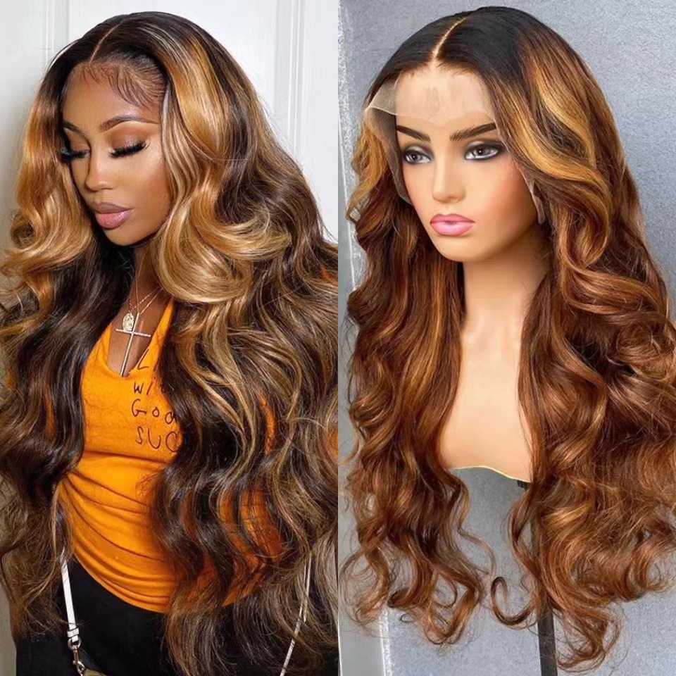 Front lace wig, European and American long curly hair gradient color women's wig, big wave headband, human hair wigs