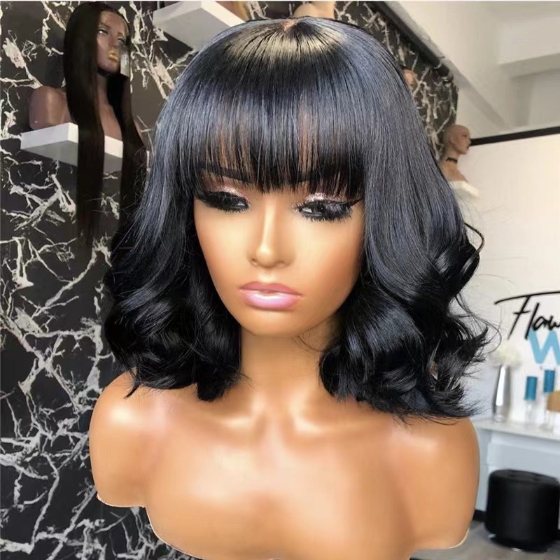AliExpress new wig for women in Europe, America, and Africa, black with bangs, short curly hair, wig and head cover factory stock