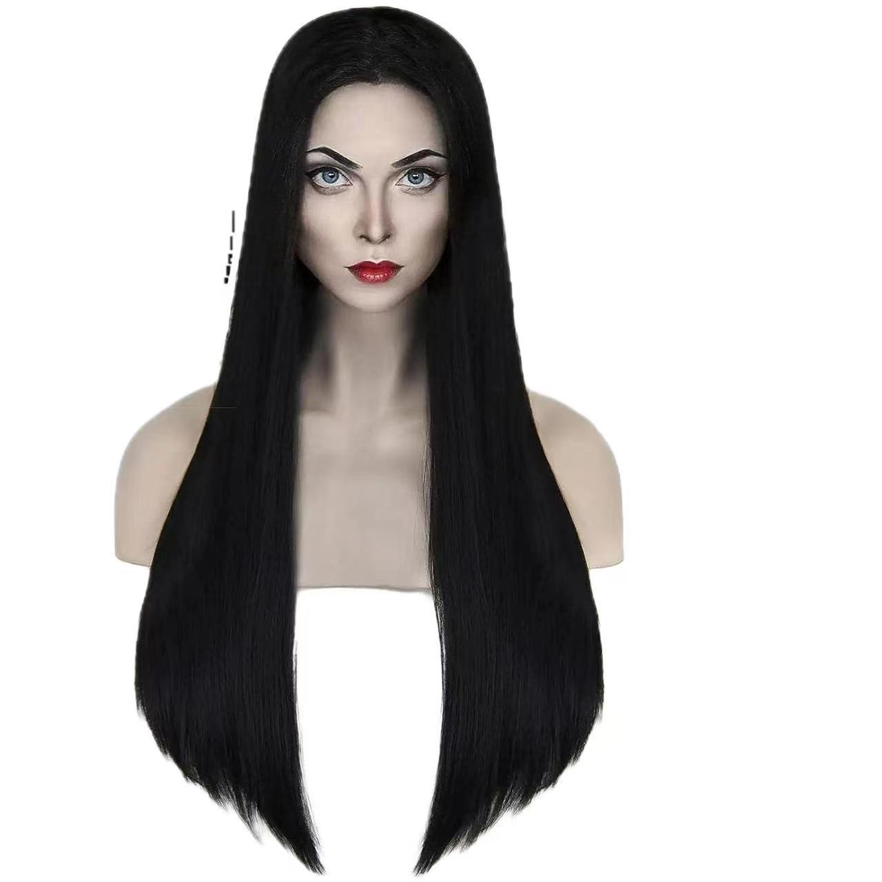 Addams wig, black, medium split, long straight hair, Halloween cosplay wig, anime wig
