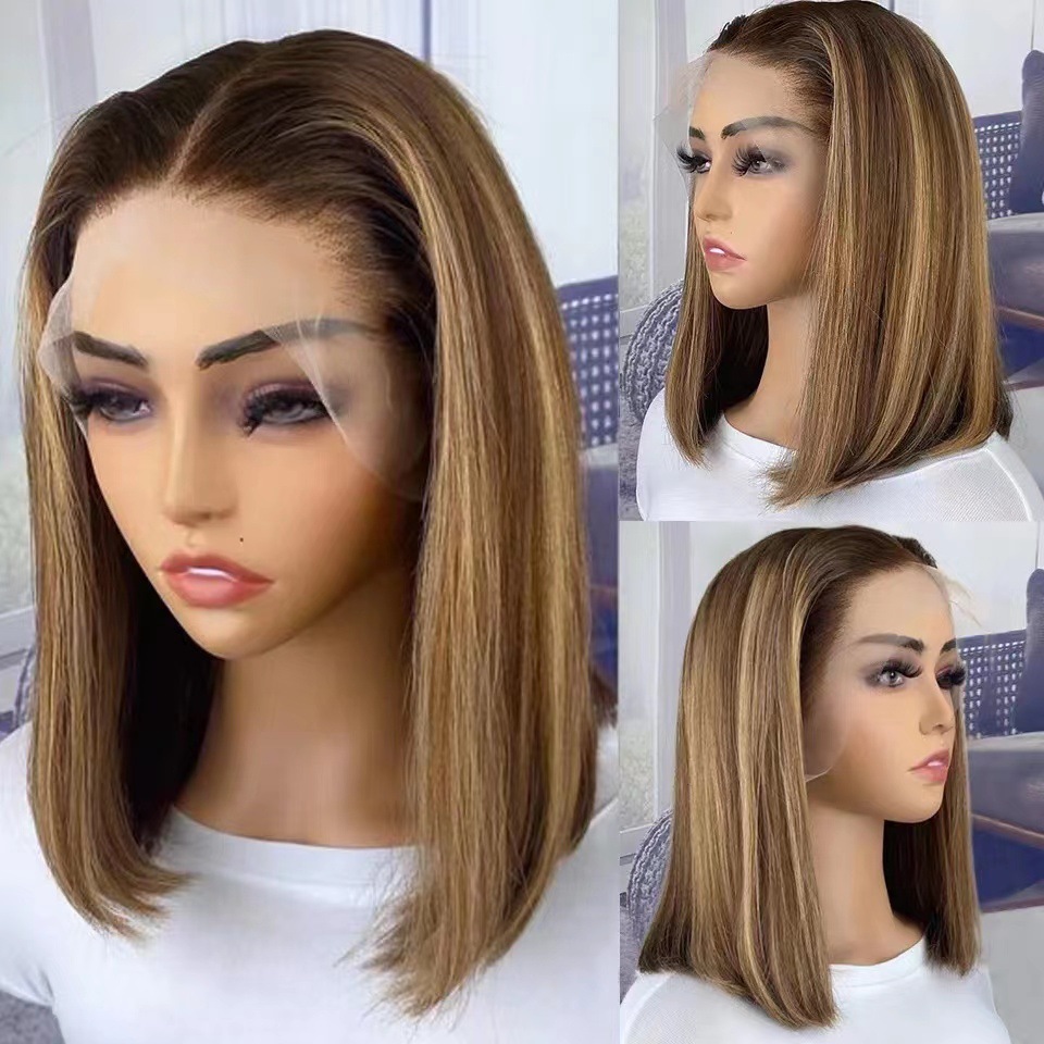 Front lace short hair African hot selling women's short straight hair gradient color lace BoBo head high temperature silk spot hair replacement Front lace short hair African hot selling women's short straight hair gradient color lace BoBo head high temperature silk spot hair replacement