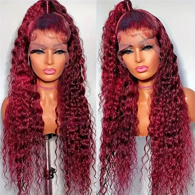 Front Lace Wig Women's Wine Red Big Wave Long Curled Hair Fluffy Natural Full Headset