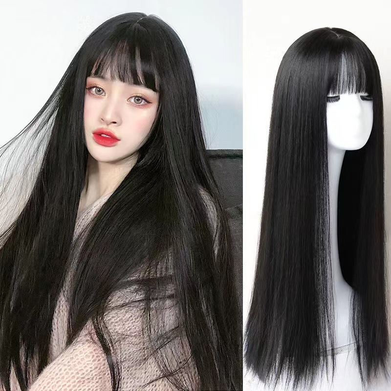 Wig for women, long hair, natural full head cover, black straight round face, cute simulation, air bangs, full top wig set in stock