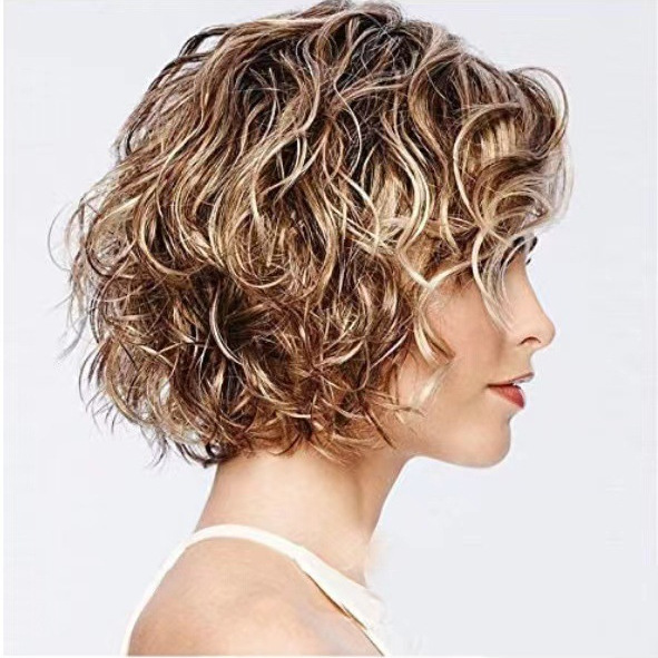 European and American wig women's golden brown curly short hair factory direct sales rose net high temperature silk chemical fiber factory spot