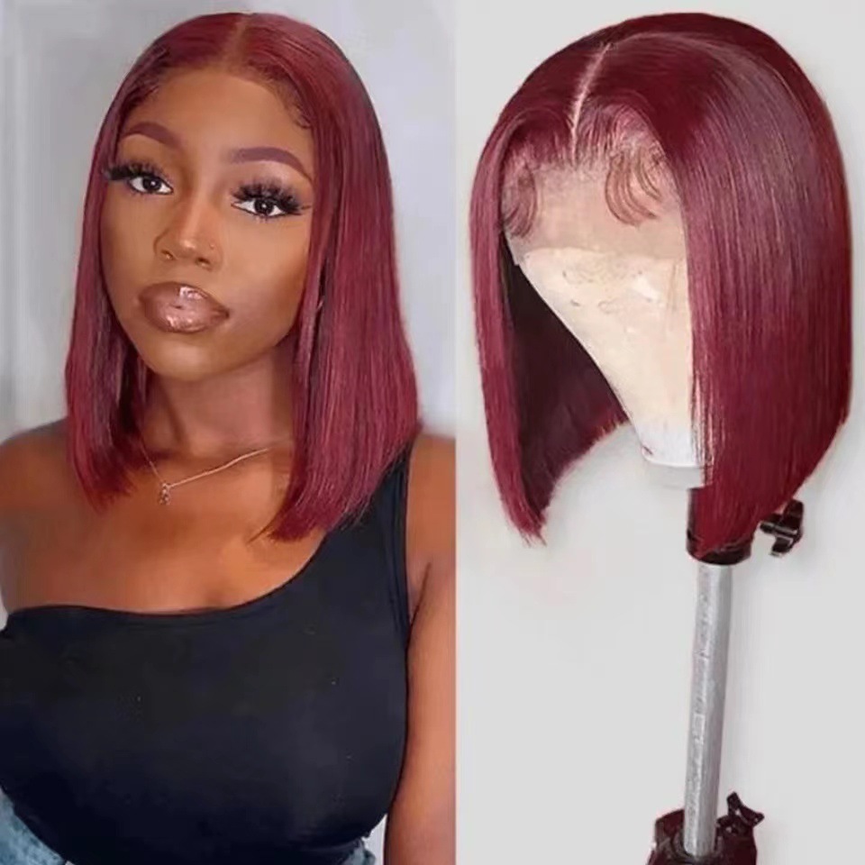 Front lace short hair African hot selling women's short straight hair gradient color lace BoBo head high temperature silk spot hair replacement