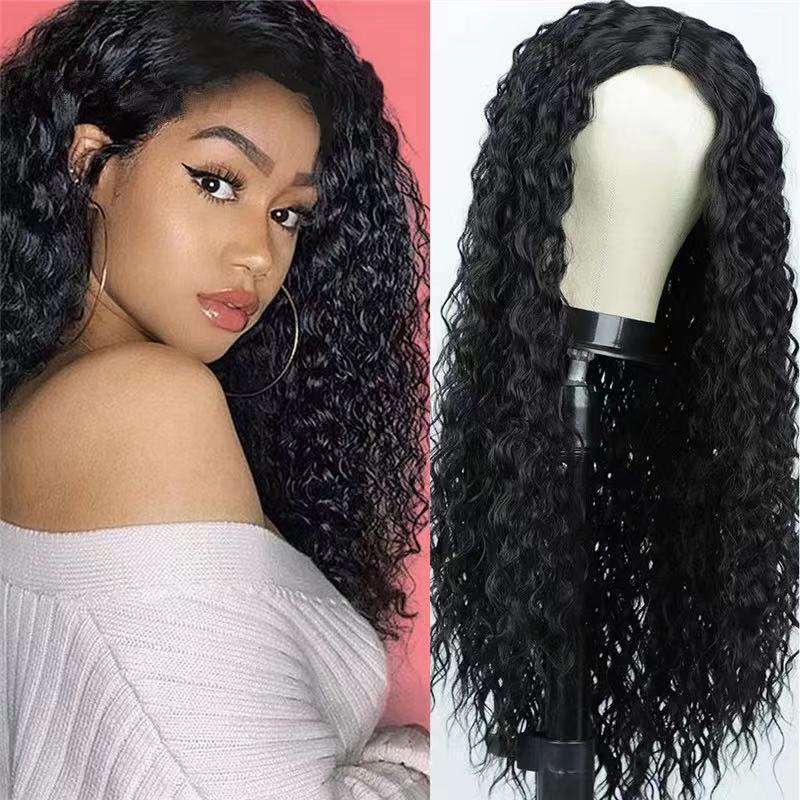 European and American Annual New Wig Women's Medium Black Long Curled Hair Corn perm African Small Curly Hair Fiber Headset Women