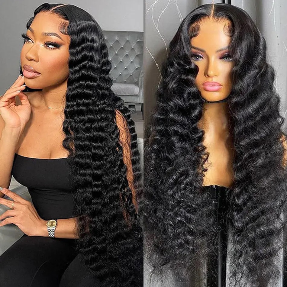 European and American women's wig front lace African synthetic long curly hair with big waves wig fake head cover black matte silk