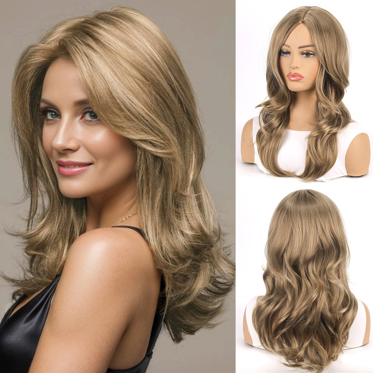 European and American foreign trade wig full head set for women with large waves, long bangs, long curly hair, gradient synthetic wig set wigs