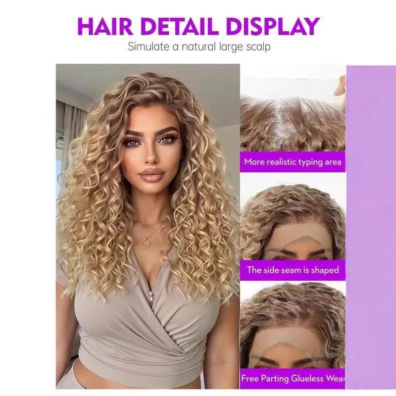 European and American wig African small curly hair 13 * 4 front lace mid split small roll long roll hair synthetic high-temperature silk headband wholesale