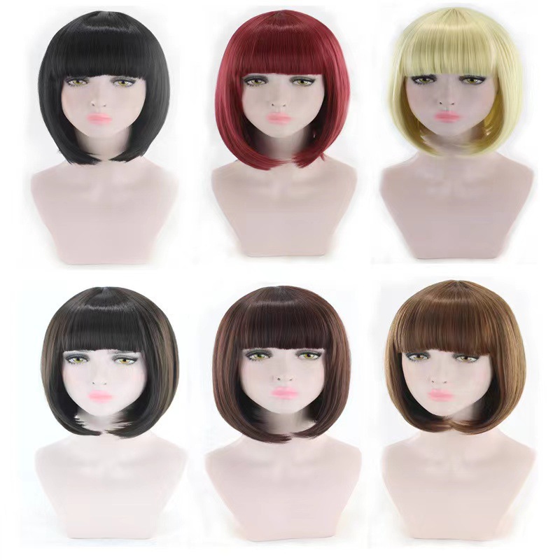 Amazon hot selling wig women's bobo head wig set with bangs, golden short hair factory stock, one piece hair replacement