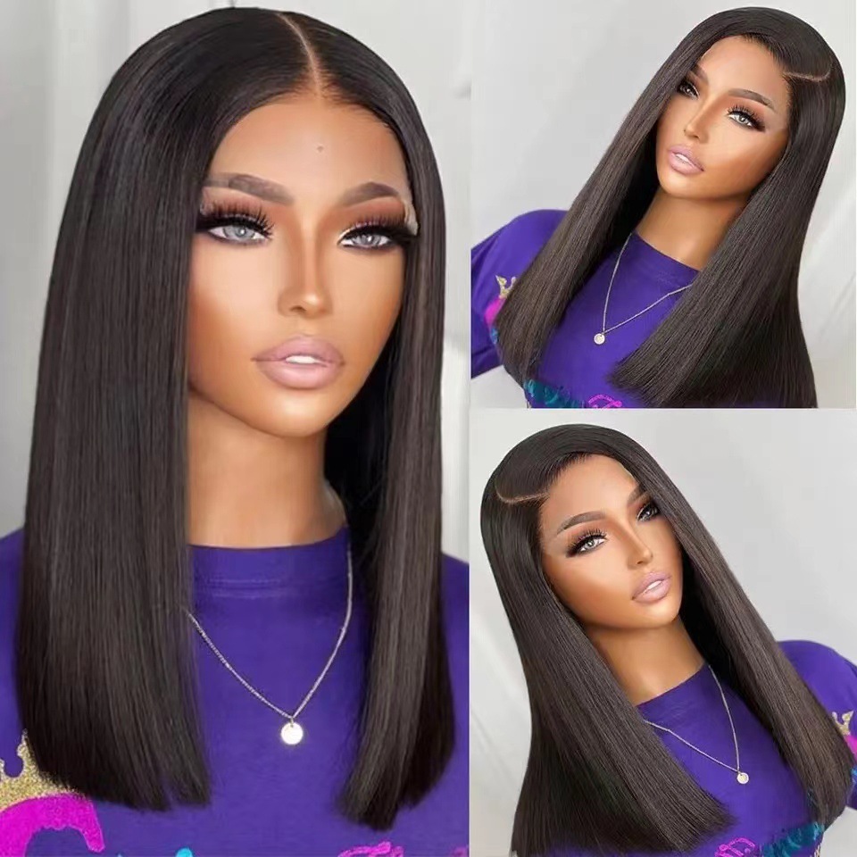 Lace front human hair wig, long straight bob wig, lace headband in stock
