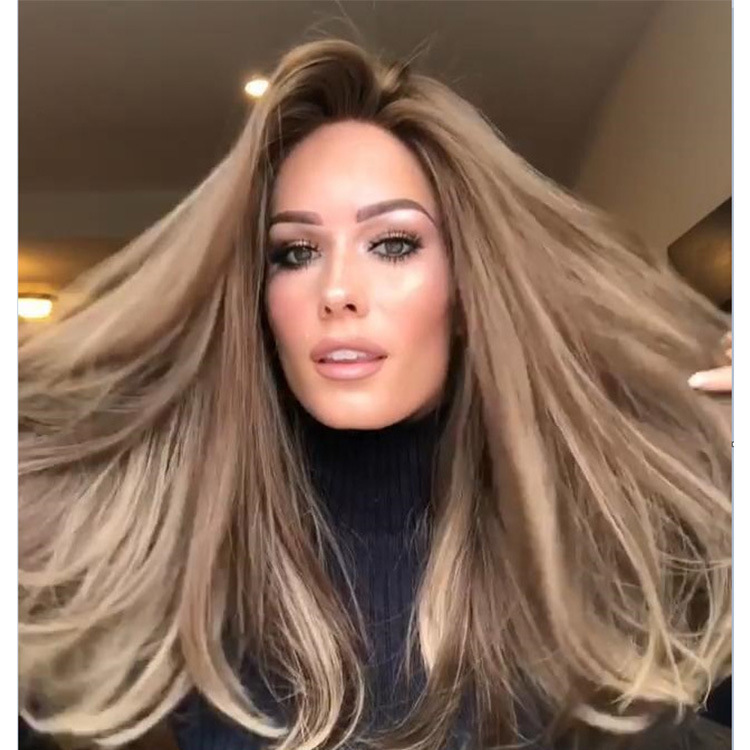 Cross border European and American wig for women, gradient brown, gold, parted bangs, straight hair, high temperature silk wig, full head set wig
