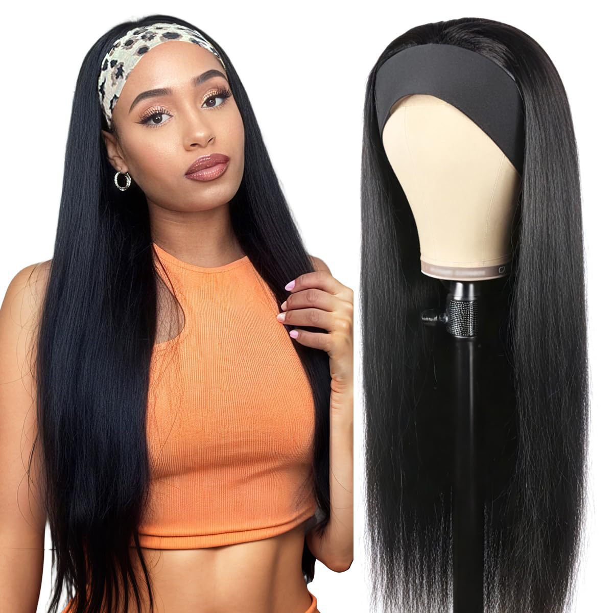 Hairband wig, European and American women's wig, ice silk headband mechanism headband, black long straight hair headband wig, synthetic fiber