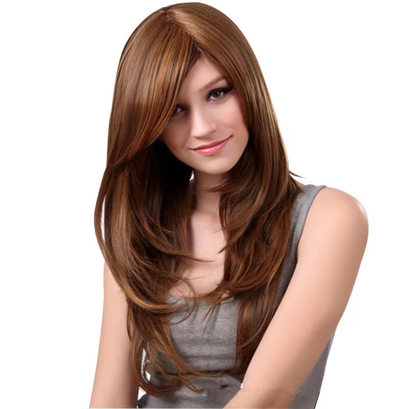 European and American wigs, oblique bangs, long hair, highlights, brown long straight hair, pear blossom curl, chemical fiber hair head, with full bangs