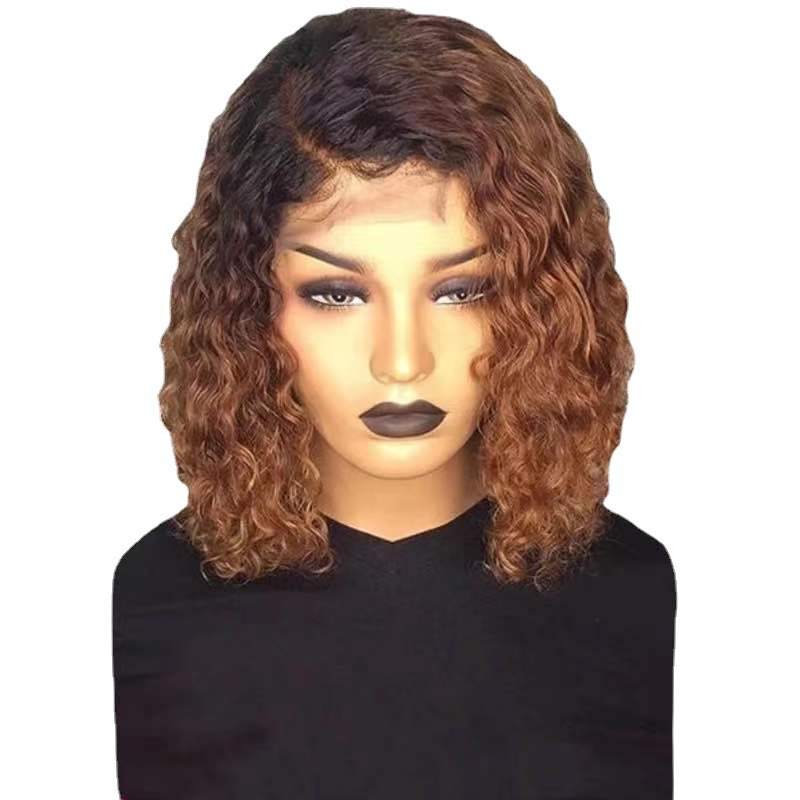 European and American fashion wig women's front lace headband wig dyed gradient African small roll medium long short hair brown European and American fashion wig women's front lace headband wig dyed gradient African small roll medium long short hair brown