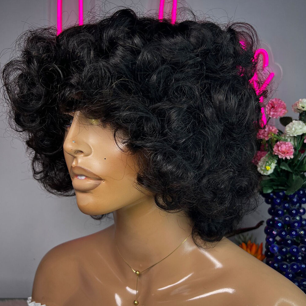 Double Drawn Wigs with Fringe Bouncy Curls wig Brown Short Curls Big