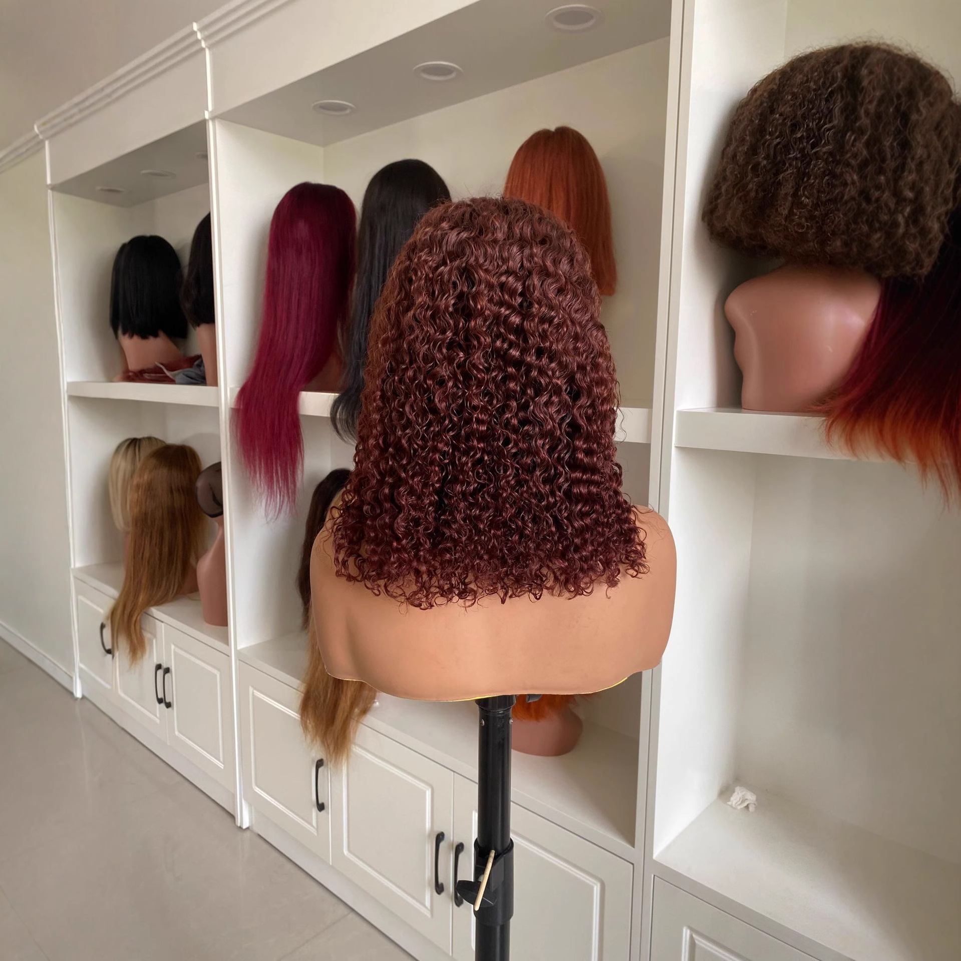 4 * 4 lace non adhesive cap reddish brown color curly real hair wig
