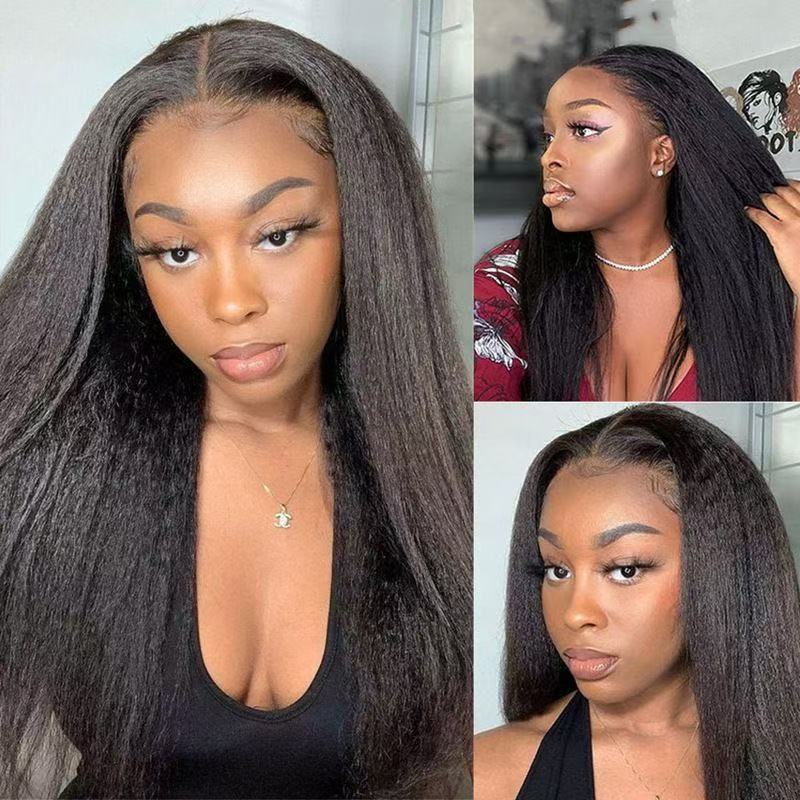Kinky Straight Wig Headset Female Black Yaki Fluffy Long Hair Human Hair Headset Wigs Wig