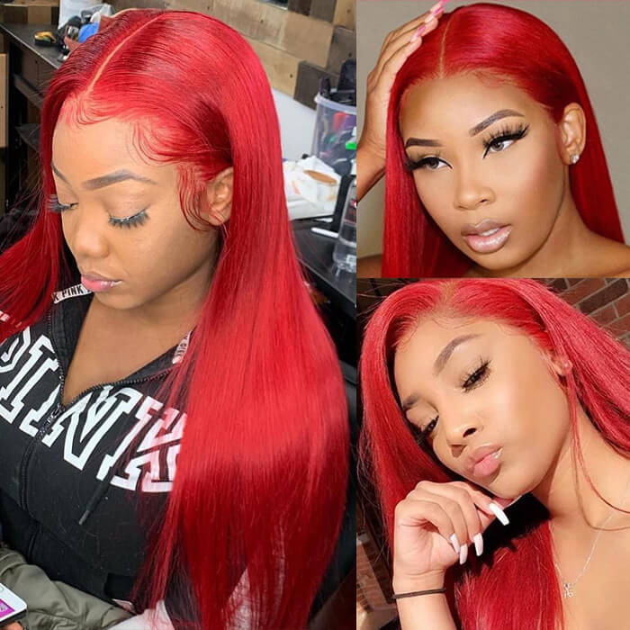 13 * 413x4RED straight hair front lace red headband lace front human hairwigs real hair red hair