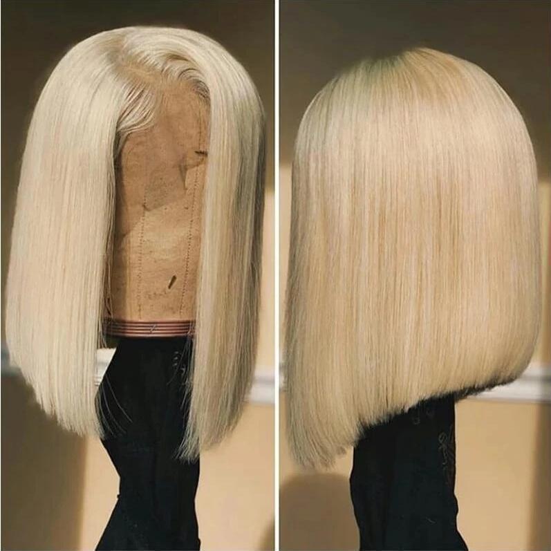 613 Blonde wig Human Hair Bob Lace Frontal Wig Short Straight Hair White Gold
