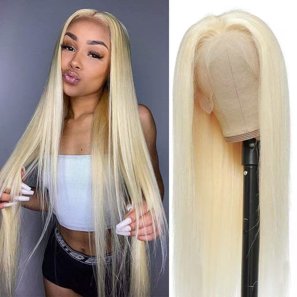 Foreign trade wig European and American 13 * 4 hand woven lace front real hair headband 613 # mid split long straight hair manufacturer direct sales