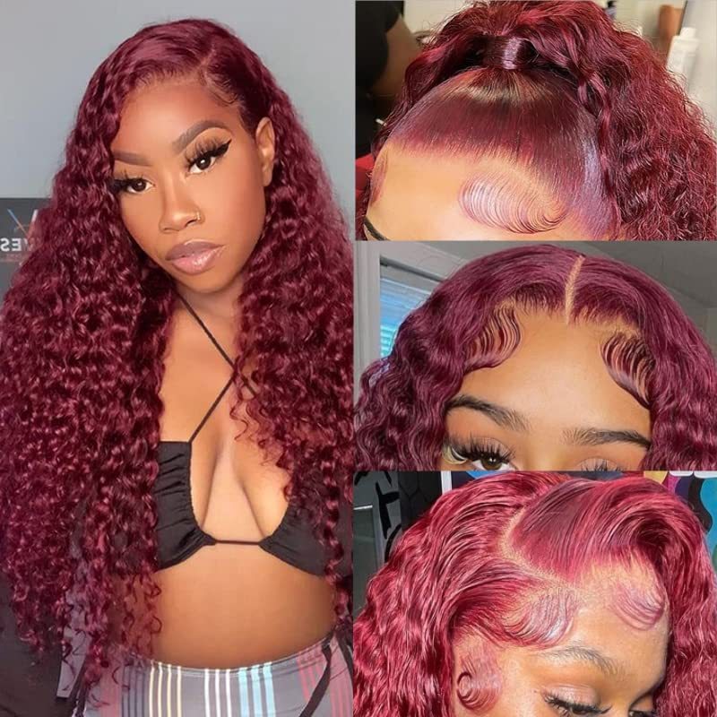 13 * 4 lace 99j deep wave wine red curly real hair wig headband human hai