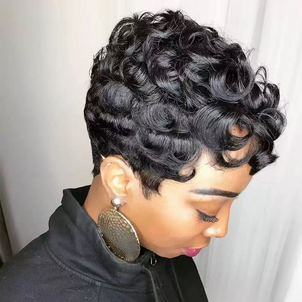 Full human wig, short hair, fully mechanized wig, pixie cut human hair wig, real hair wig