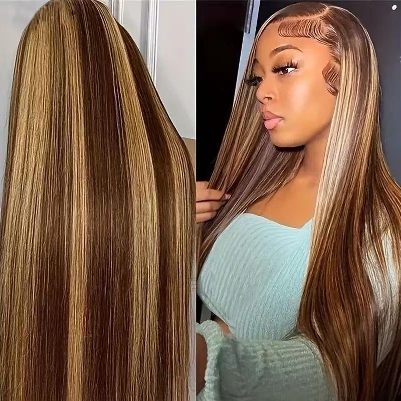 13 * 4 lace 4/27 straight hair front lace long straight hair fashionable piano color dyed wig European and American women's headband real hair