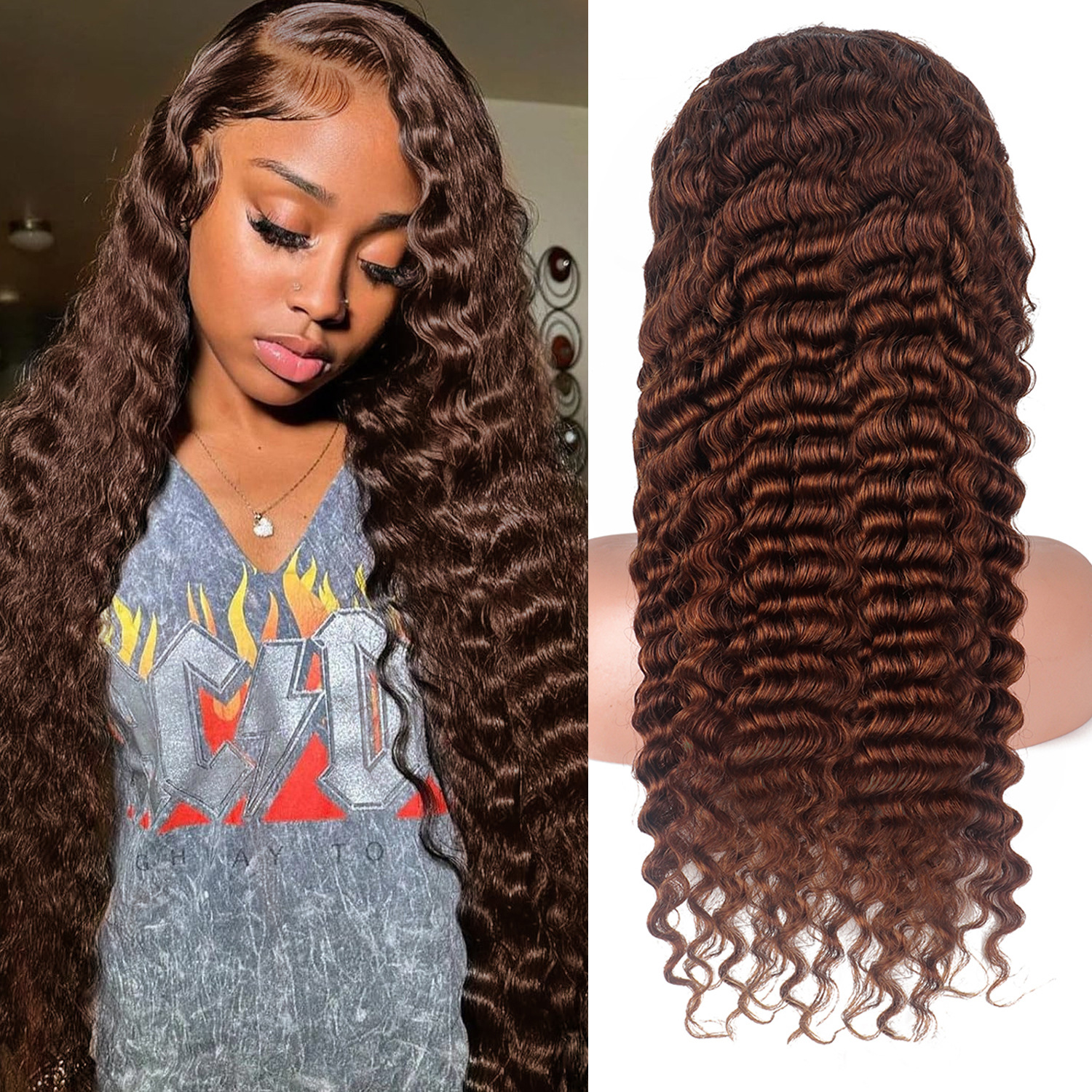13 * 4deep lace brown real hair wig African 4 # deep wave wigs