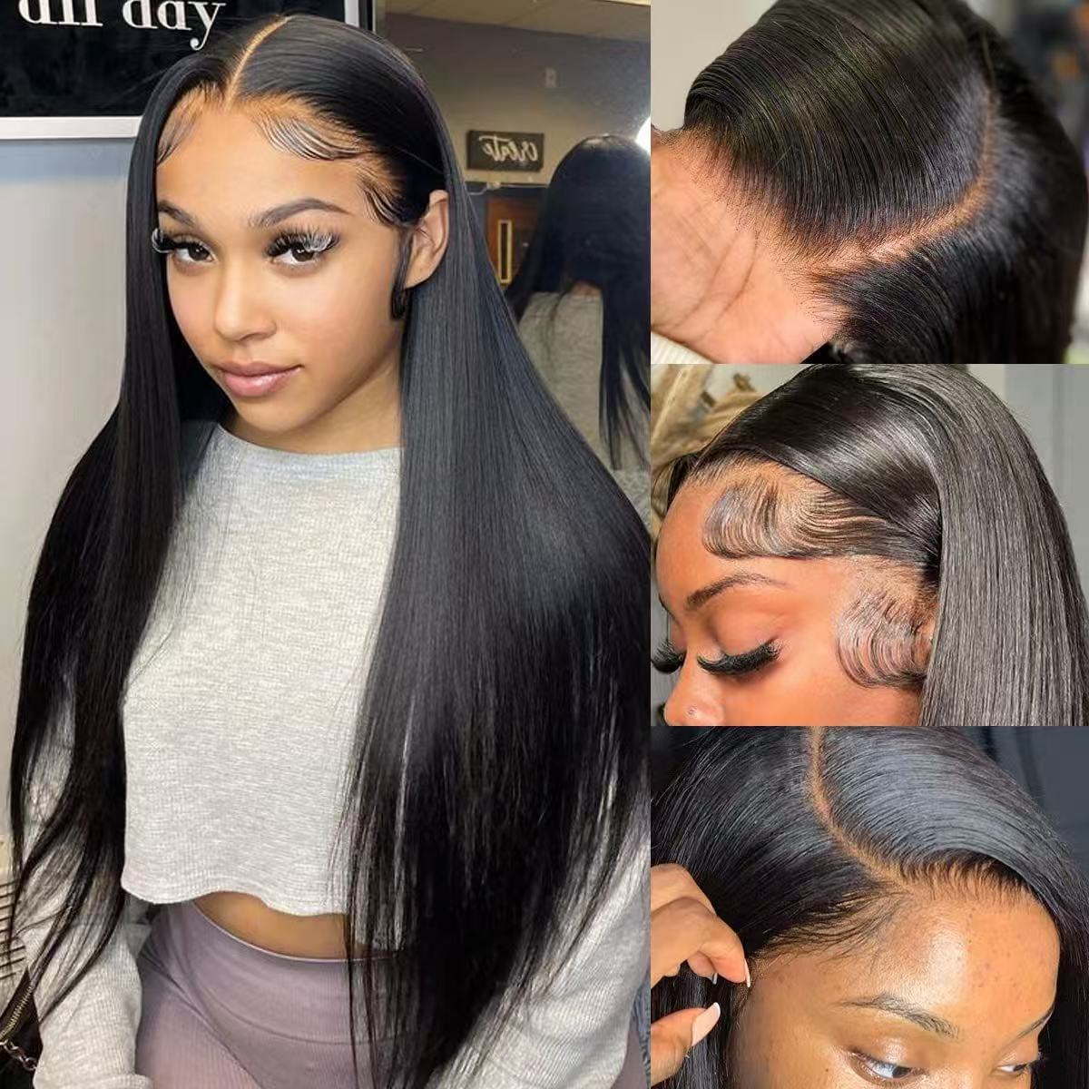 4 * 4 European and American wig real hair full head cover natural black long straight hair headband natural black long straight hair Amazon hot