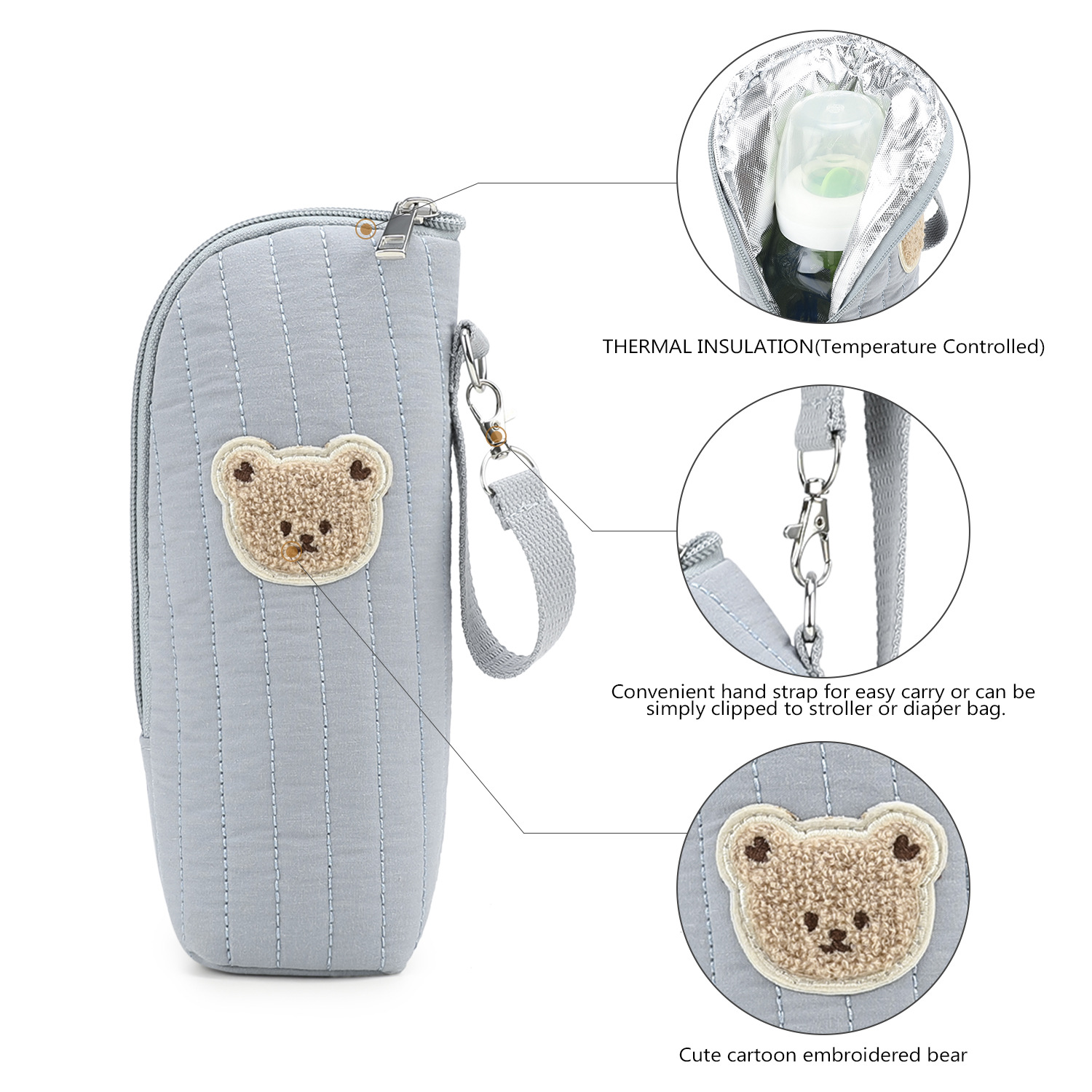 Handheld bottle bag made of pure cotton material with aluminum film for insulation and heat preservation. Storage for baby bottles. Hanging stroller cartoon teddy bear water bottle bag Handheld bottle bag made of pure cotton material with aluminum film for insulation and heat preservation. Storage for baby bottles. Hanging stroller cartoon teddy bear water bottle bag