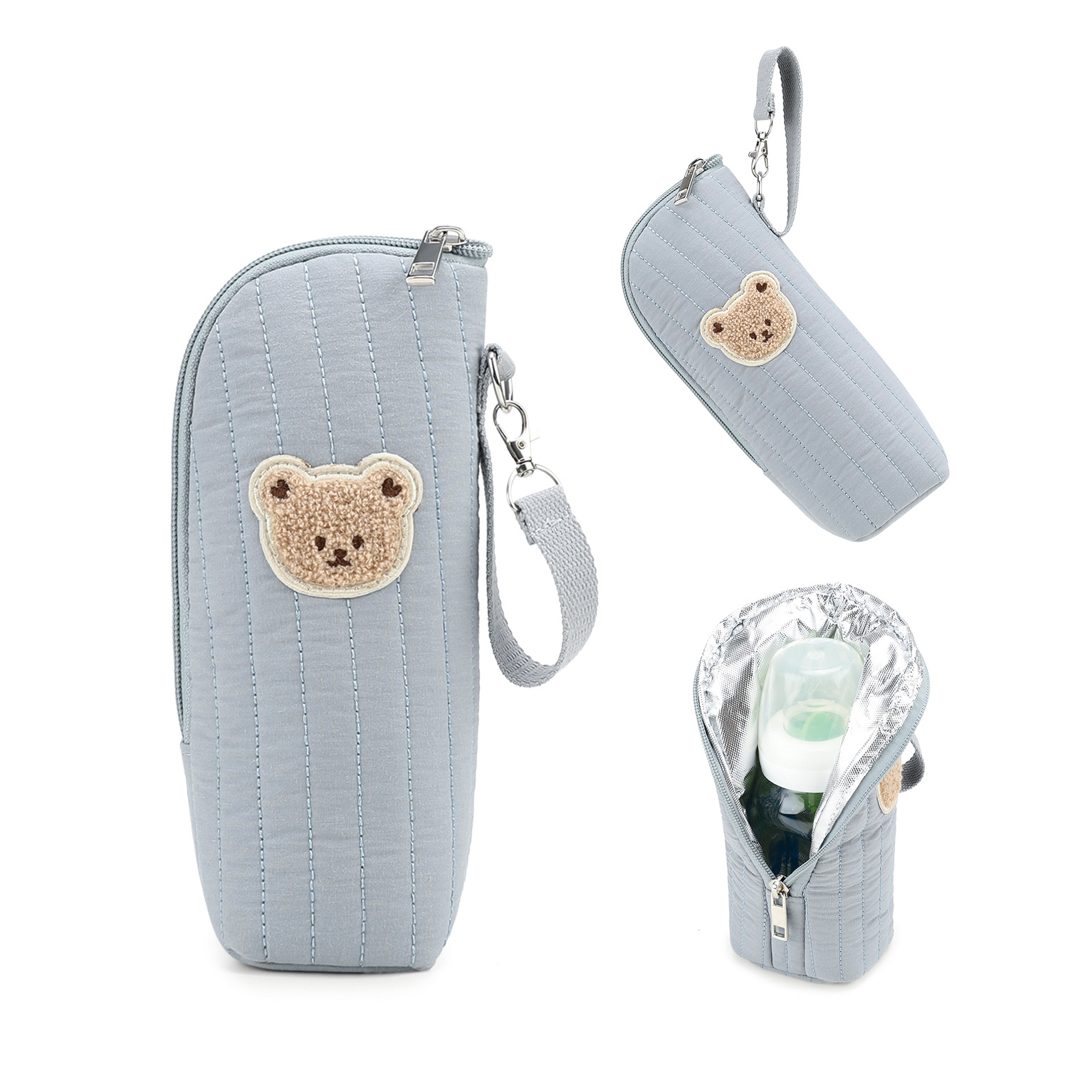 Handheld bottle bag made of pure cotton material with aluminum film for insulation and heat preservation. Storage for baby bottles. Hanging stroller cartoon teddy bear water bottle bag