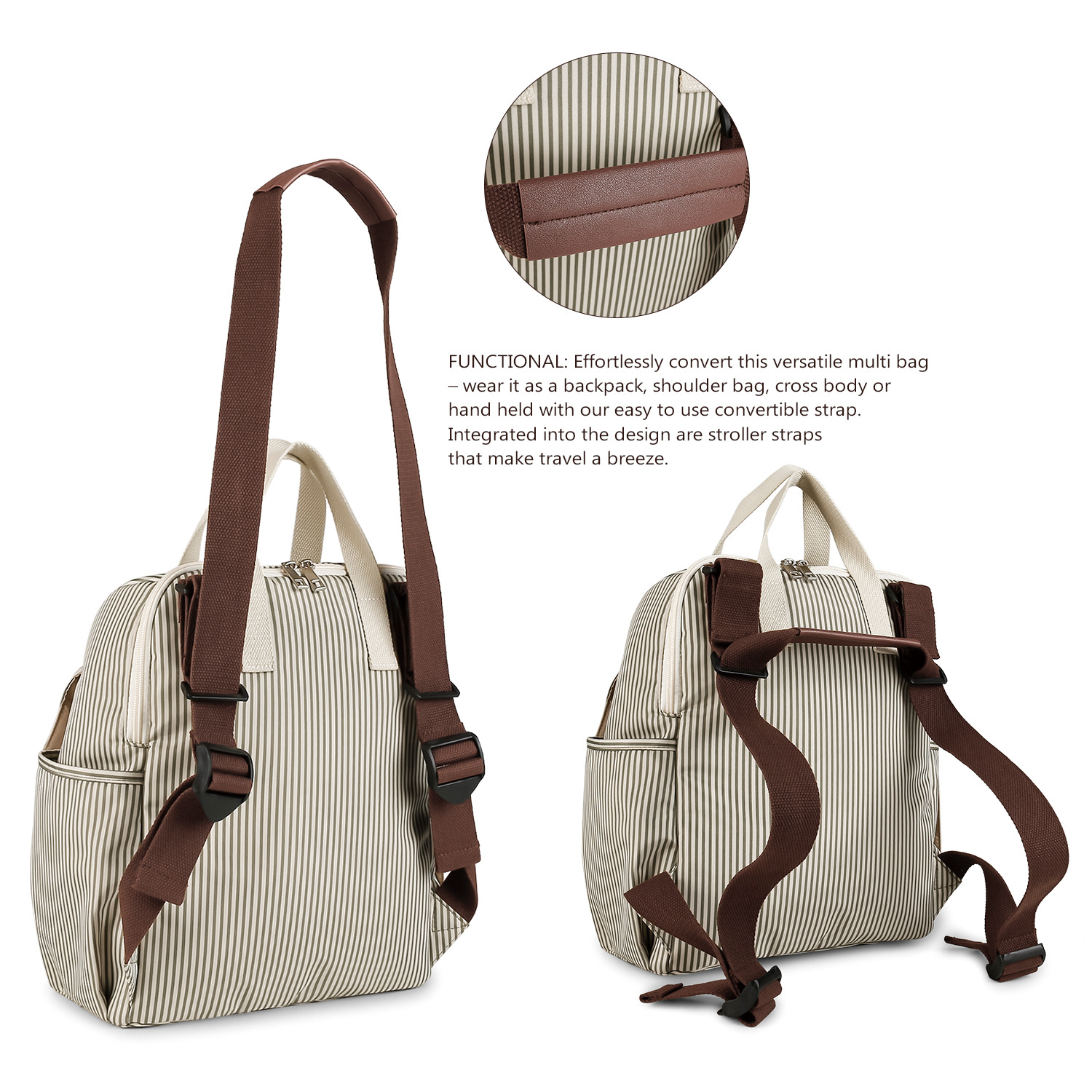 Striped dual shoulder single shoulder mommy bag with urine pad, independent bottle bag, multifunctional mommy bag, mother and baby travel stroller bag Striped dual shoulder single shoulder mommy bag with urine pad, independent bottle bag, multifunctional mommy bag, mother and baby travel stroller bag