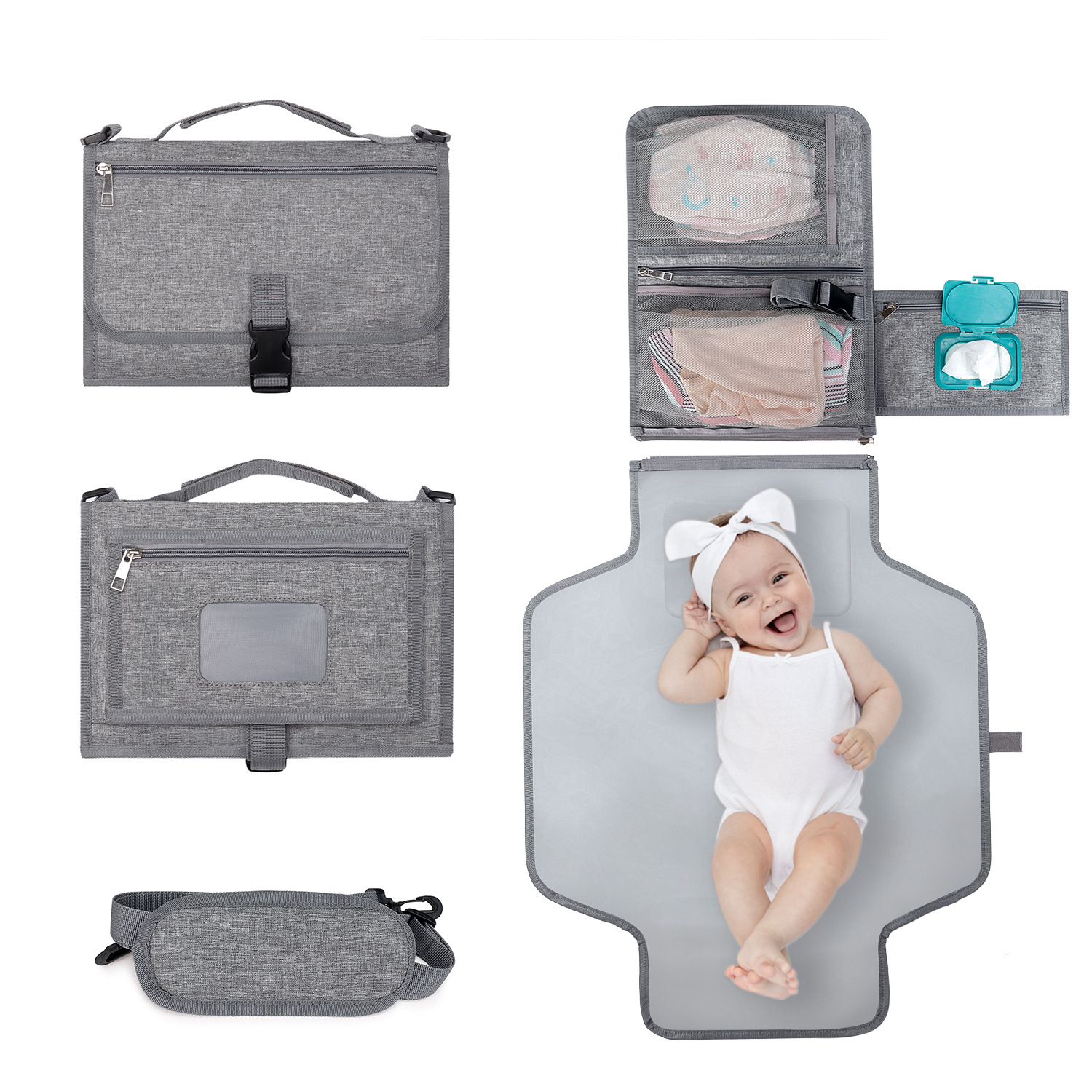 Portable baby diaper products for outdoor travel, foldable diapers with shoulder straps and wet wipes, pocket design